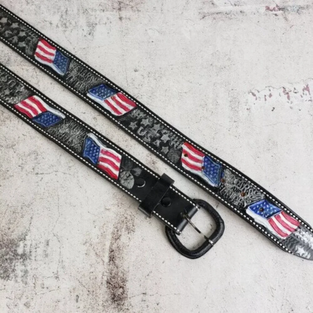 Vintage Leather Belt Tooled Painted Patriotic USA Flag size 38 Stars & Stripes